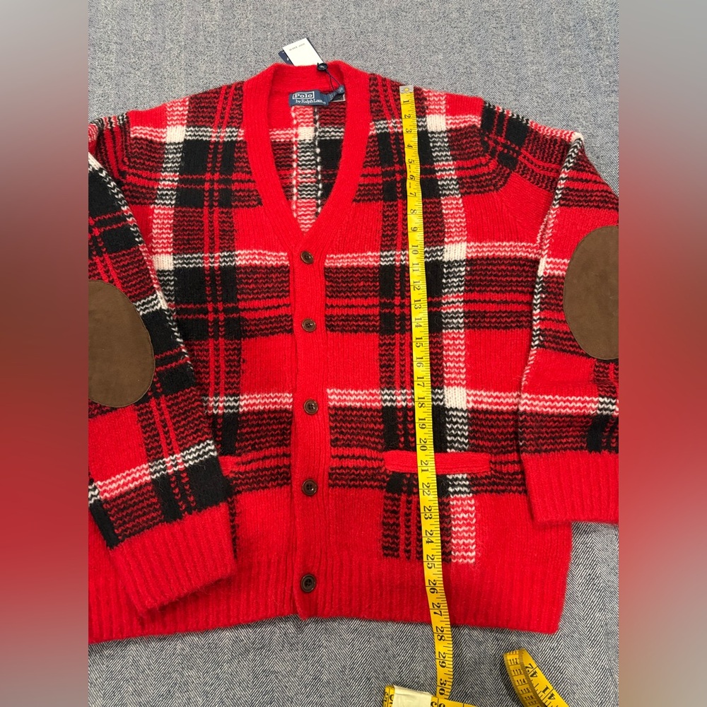 Ralph Lauren Suede-Patch Plaid Wool-Blend Cardigan | color: red combo | size: XL - Picture 5 of 8